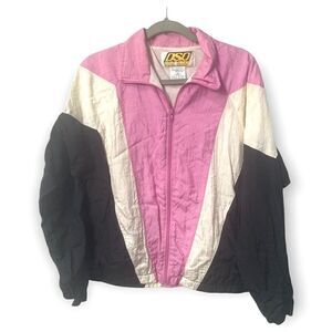 Vintage Retro Color Block Full Zip Rain Jacket Pink